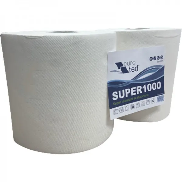 [C010054 / OSUPER1000] Bobine Essuyage Pure Ouate Blanche 1000F – Lot de 2 Bobines
